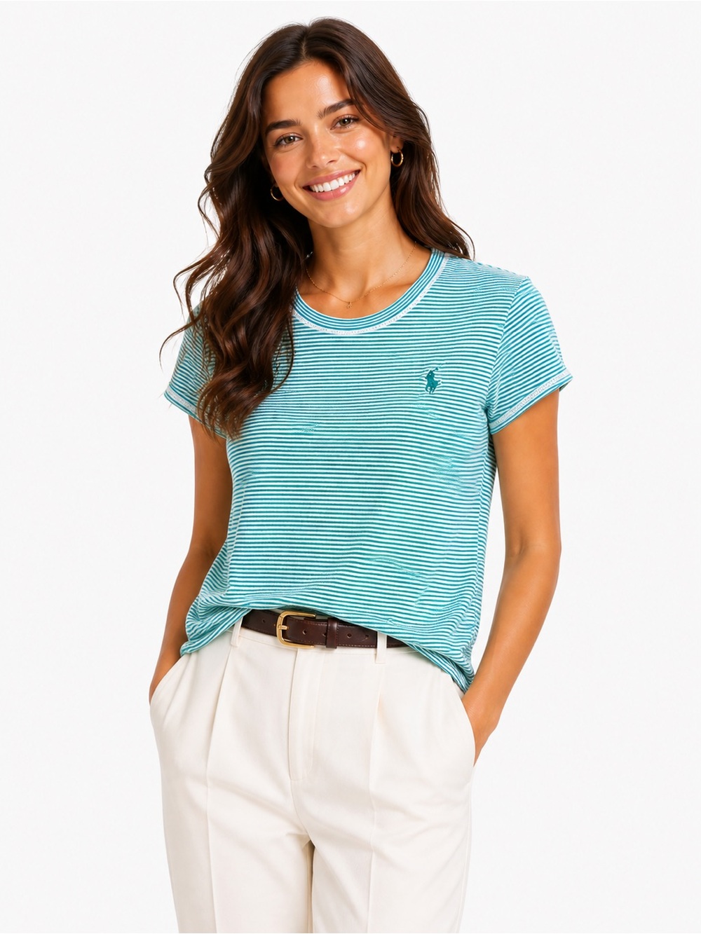 Ralph Lauren Teal and White Striped Short Sleeve Tee